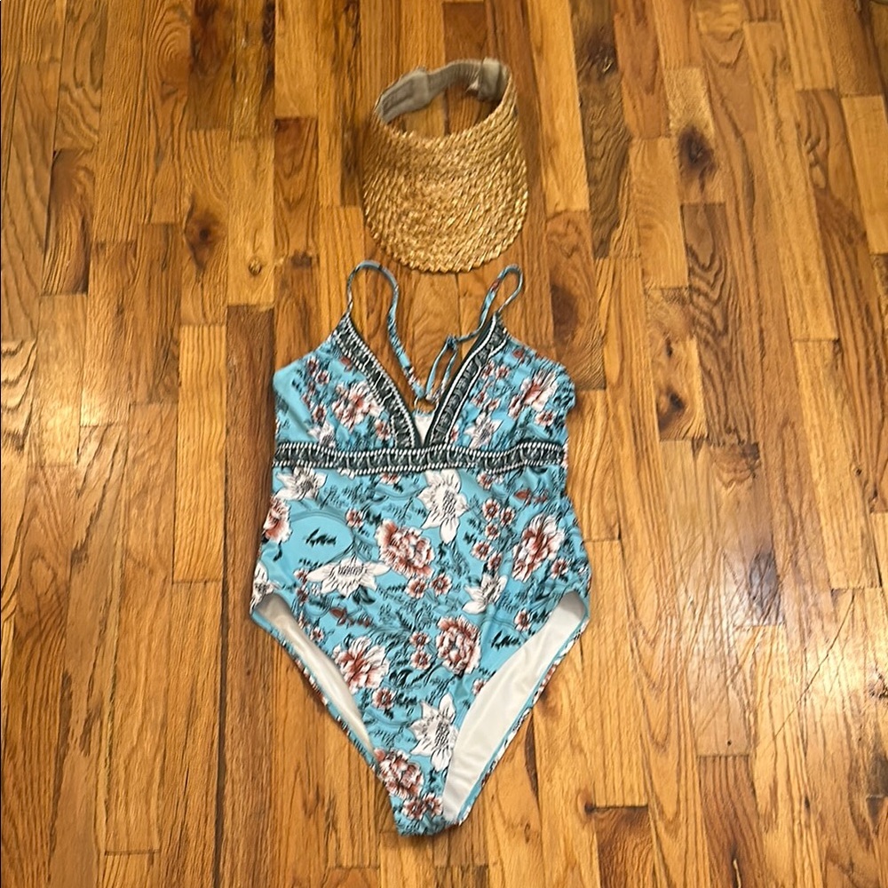 Blue and White Floral One Piece Swimsuit with Strappy Back